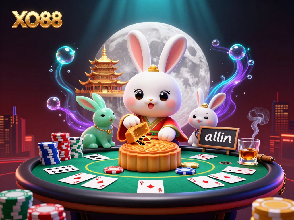 Engage with XO88's vibrant 3D illustration, showcasing a moon rabbit and poker elements.