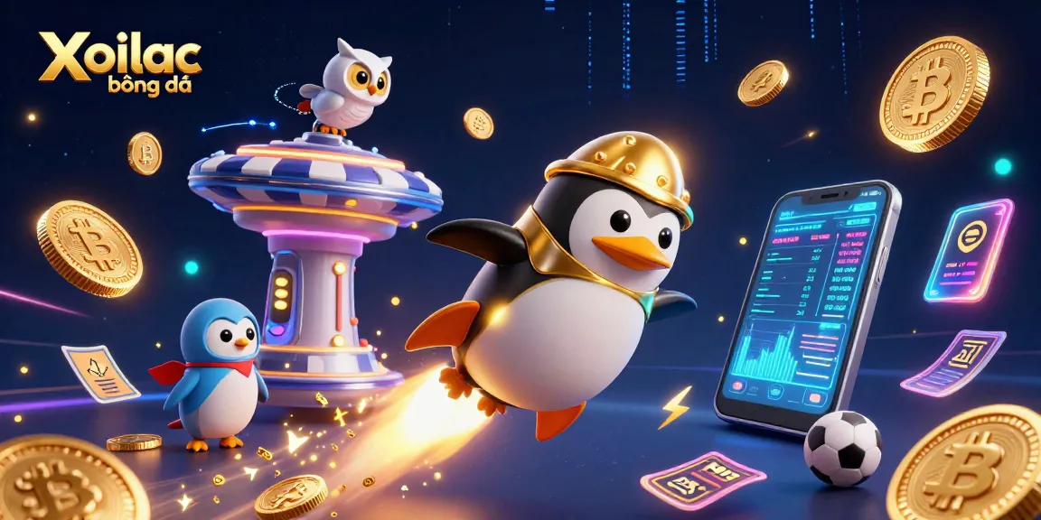 Experience the thrill of Xoilac bóng đá with a golden penguin in a vibrant casino space adventure.