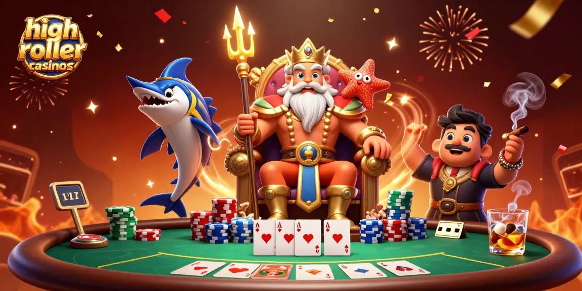 Experience the excitement of high roller casinos with vibrant poker visuals and animated characters.