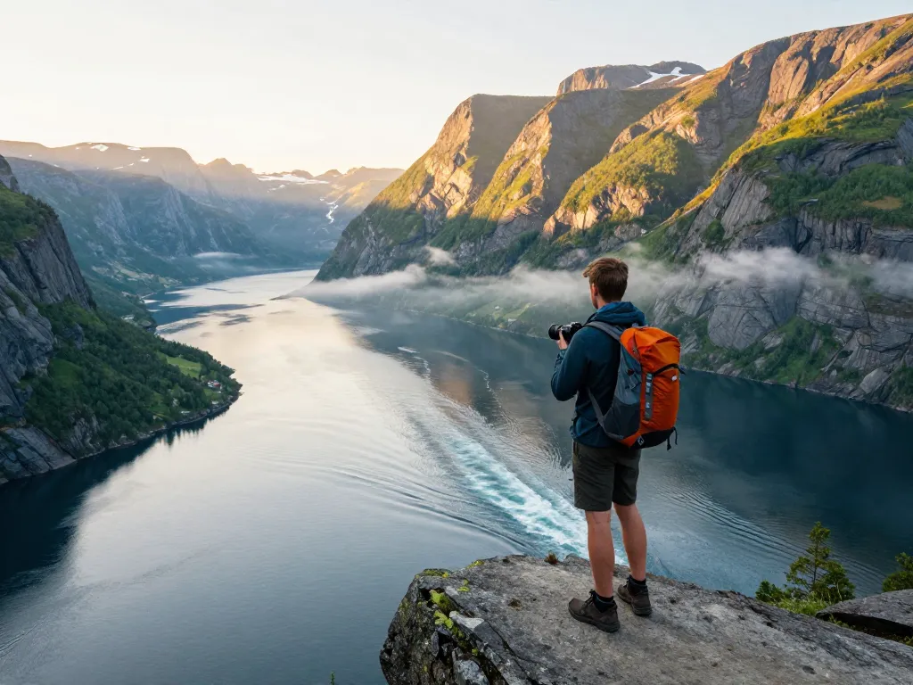 Urlaub in Skandinavien genießen mit einem atemberaubenden Fjordblick in Norwegen zur goldenen Stunde.