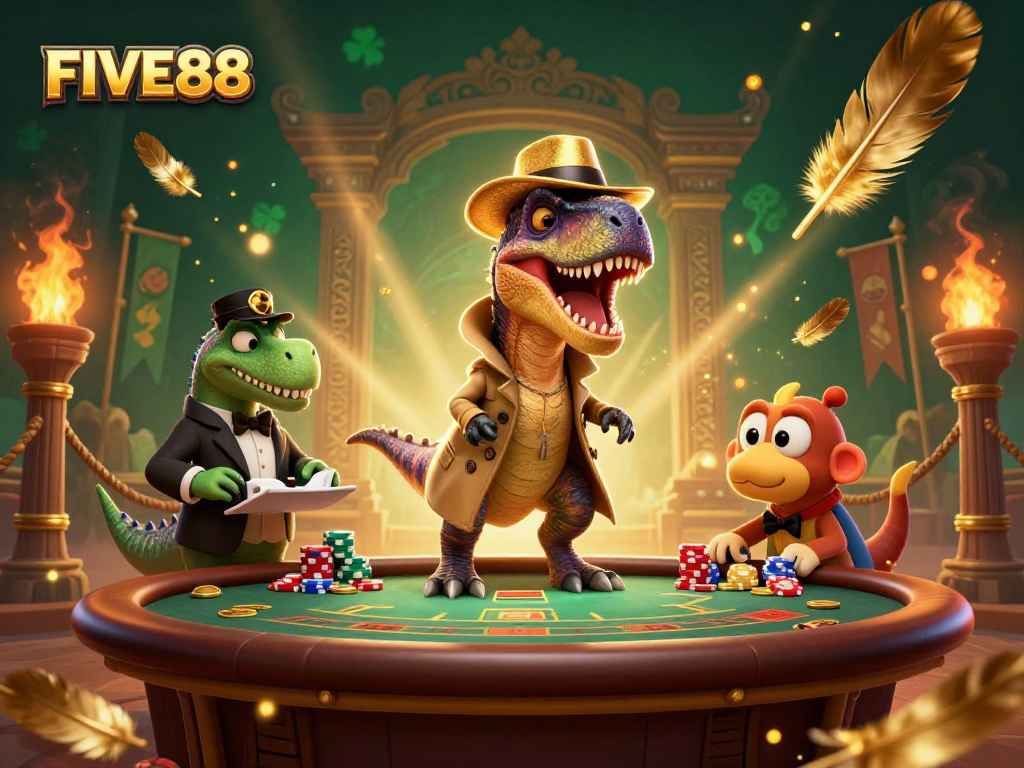 Experience the thrilling action at FIVE88 with a cartoon velociraptor card counter and a stegosaurus pit boss in a lively casino setting.