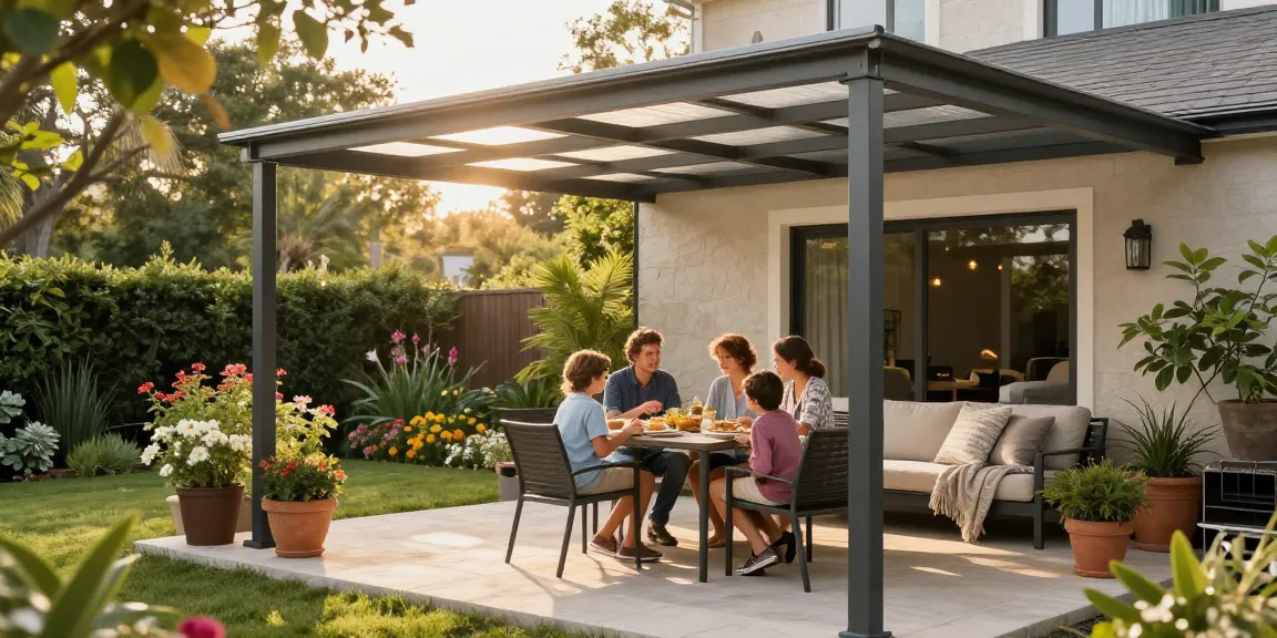Moderne Terrassenüberdachungen in einem einladenden Garten mit Familienessen.