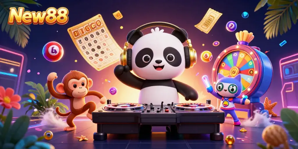 Experience excitement at New88 with a DJ panda and vibrant casino elements in 3D