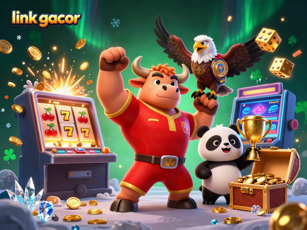 Engaging illustration of link gacor with a muscular bull mascot celebrating, surrounded by dynamic casino elements.