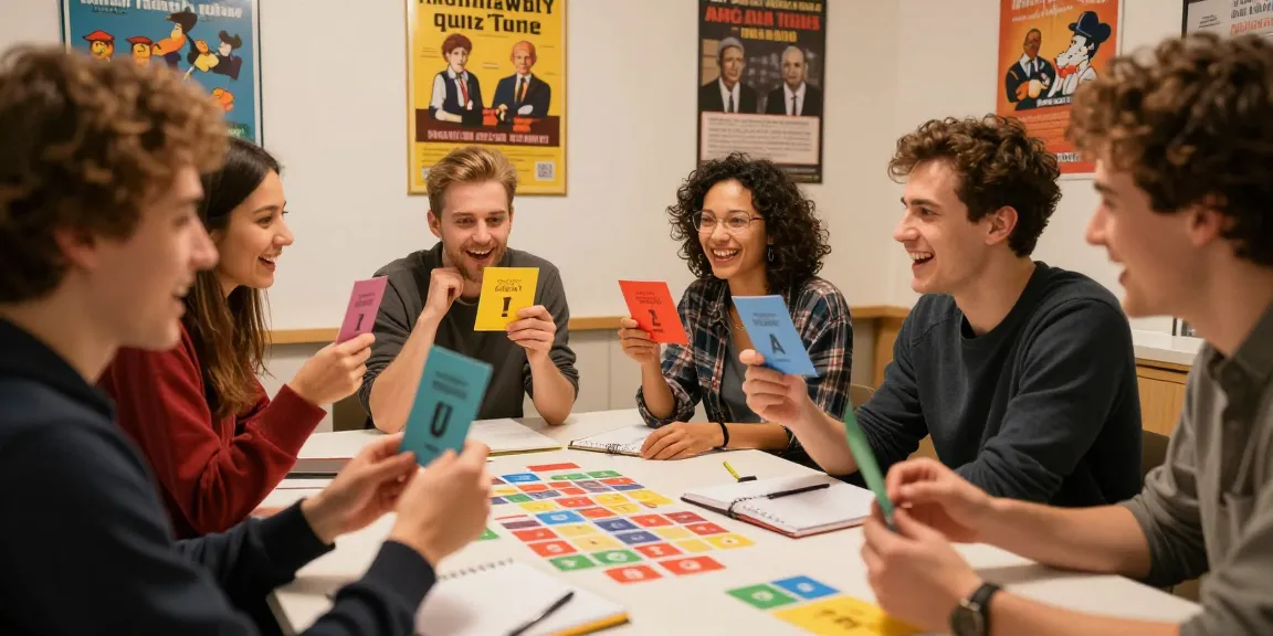 Quiz Allgemeinwissen mit Freunden in einer lebhaften Umgebung, Spaß und interaktive Atmosphäre.