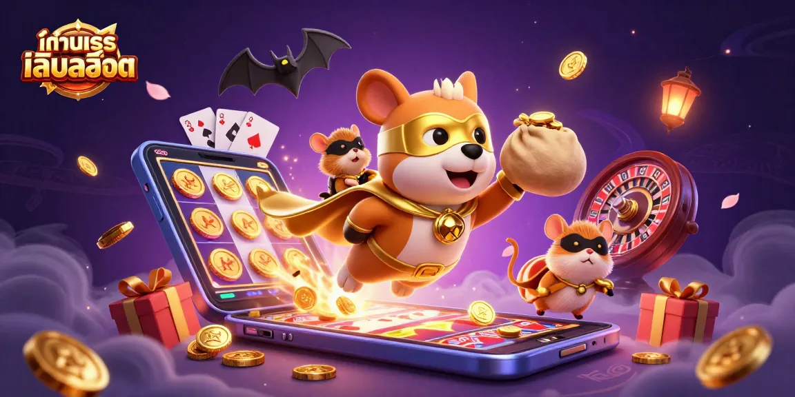 Experience the thrill of ทดลองเล่นสล็อต with a superhero dog soaring through a vibrant casino scene.