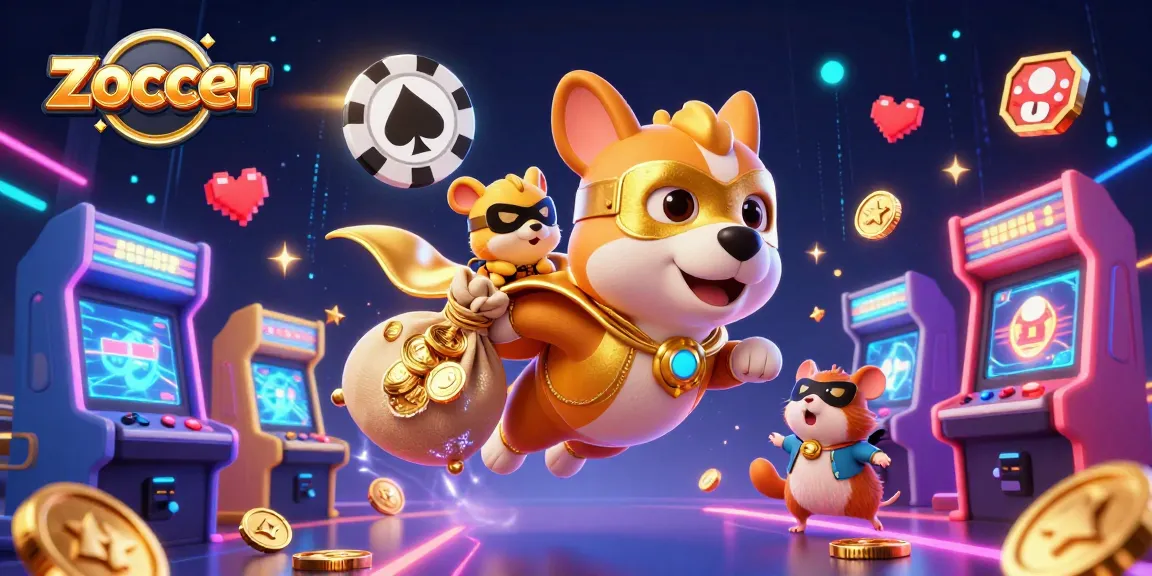 Zoccer showcases a superhero dog and hamster in a vibrant casino scene, symbolizing winning strategies.