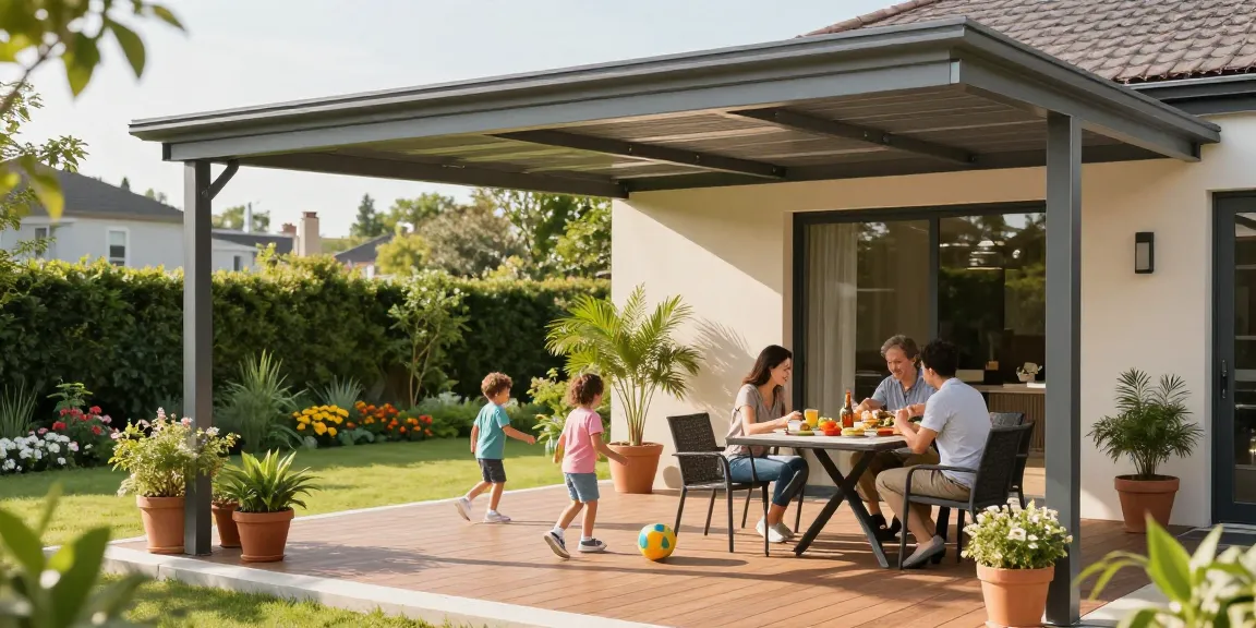 Terrassenüberdachung schafft gemütlichen Außenbereich für Familienfeiern.