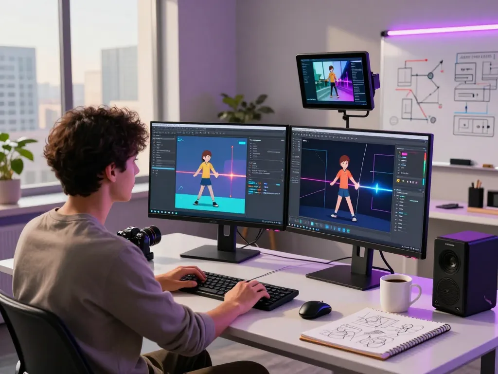 Designer utilizing Kling AI 2.20 for motion control in a sleek digital studio.