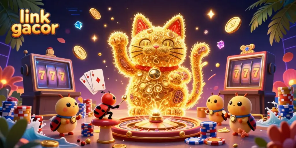 Experience the thrill of gaming with link gacor as fireflies form a lucky cat amidst sparkling casino symbols.