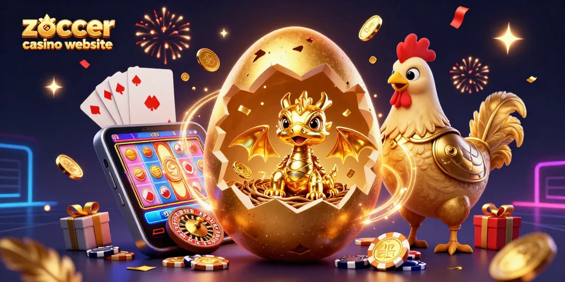 Zoccer casino website showcases a dynamic 3D illustration with a golden dragon and poker chips among vibrant casino elements.
