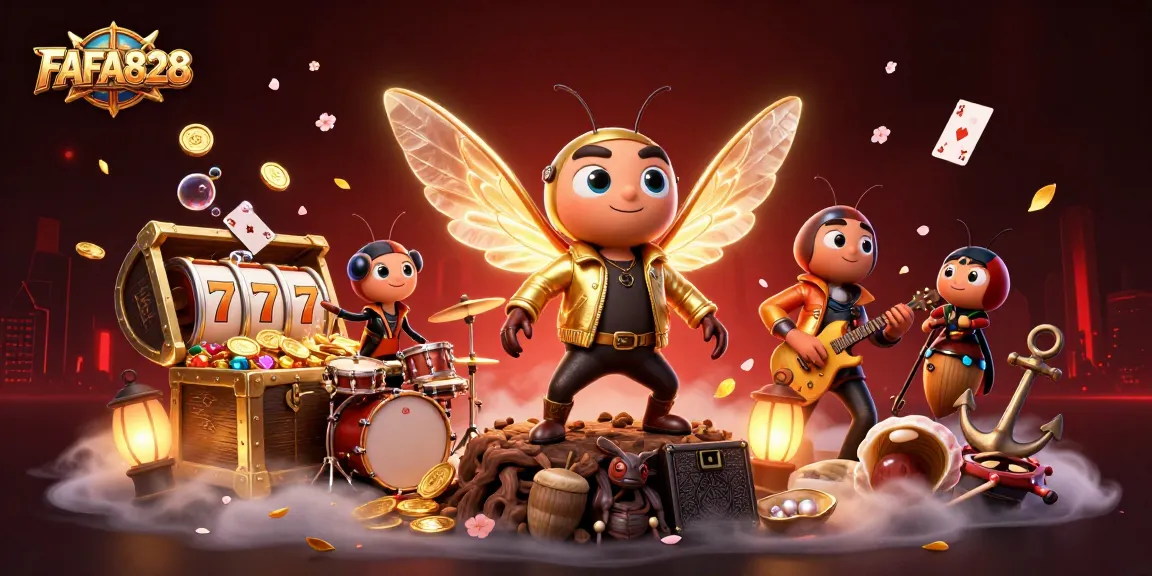 Engage with FAFA828's ultra-detailed 3D casino scene featuring a cicada rock star and dynamic slot elements.