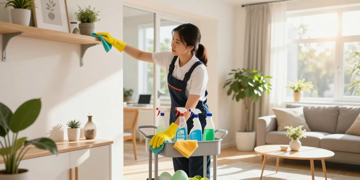 Cleaning professional in Solothurn enhancing living room cleanliness with eco-friendly supplies.