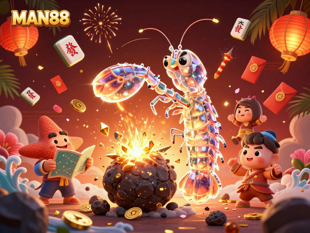 Engage in thrilling gameplay at MAN88 with colorful exploding gems and coins, showcasing online casino excitement.