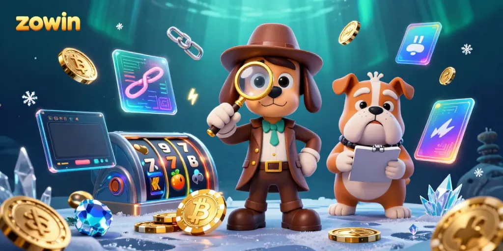 Experience the thrill of gaming at Zowin with a detective uncovering treasures surrounded by vibrant casino elements.