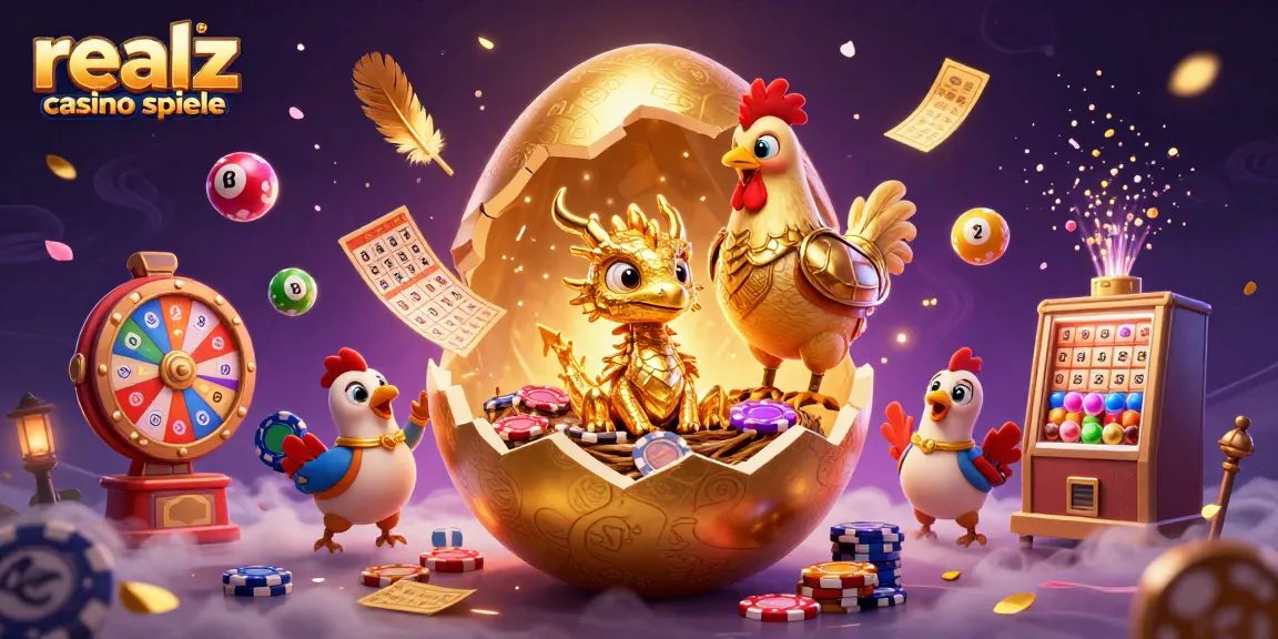 Erlebe spannende realz Casino Spiele mit einem goldenen Drachen auf Pokerchips und bunten Lottobällen.