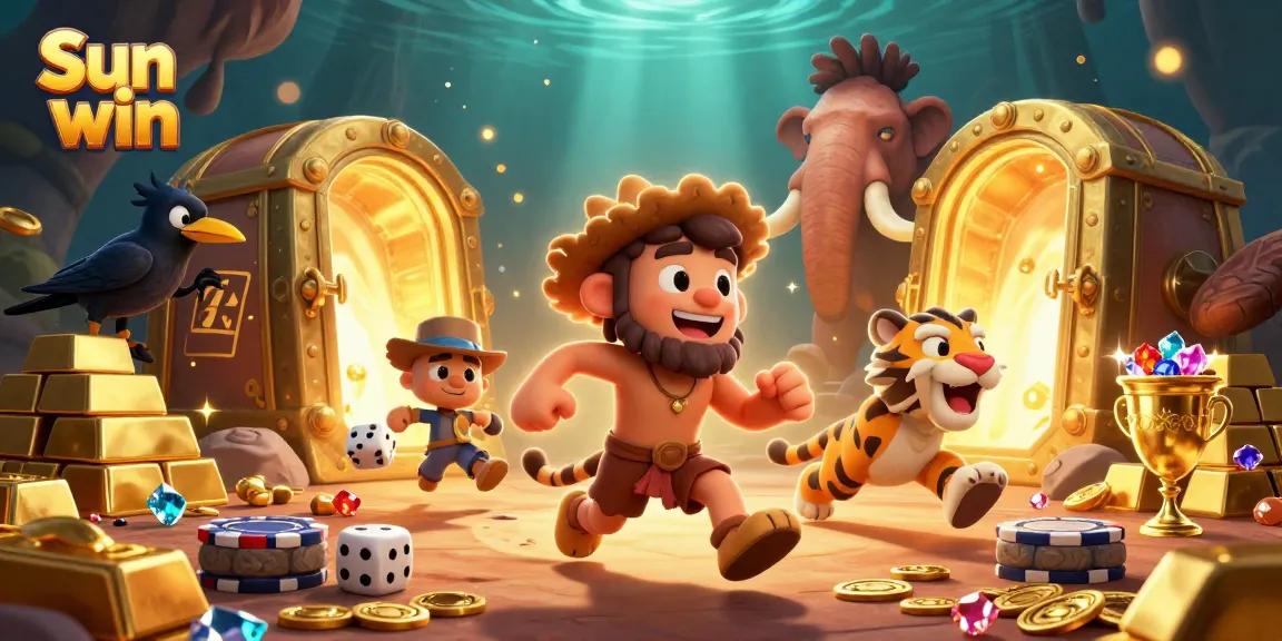 Experience thrilling wins with Sun win at this vibrant prehistoric casino illustration.