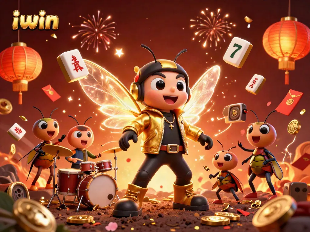 iwin casino artwork showcasing a rock star cicada, beetle drummer, and vibrant slot reels