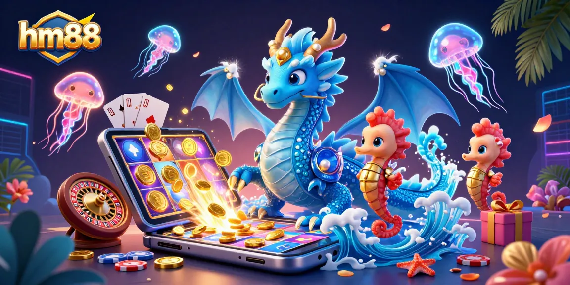 Engage with hm88's thrilling gaming experience featuring vibrant dragon and seahorse amidst casino elements.