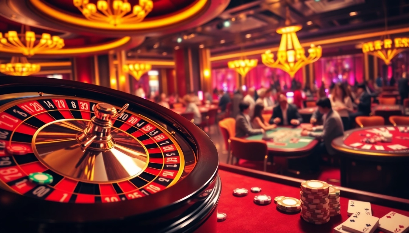 RR88 gamblers celebrating wins at a luxurious roulette table in a vibrant casino scene.