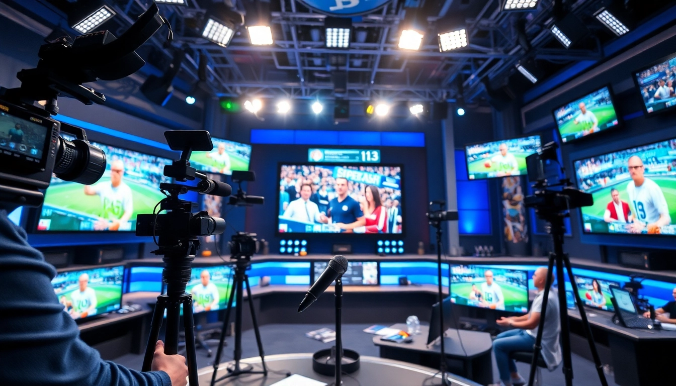 Engaging sports broadcasting scene with hosts and technology in a vibrant studio.