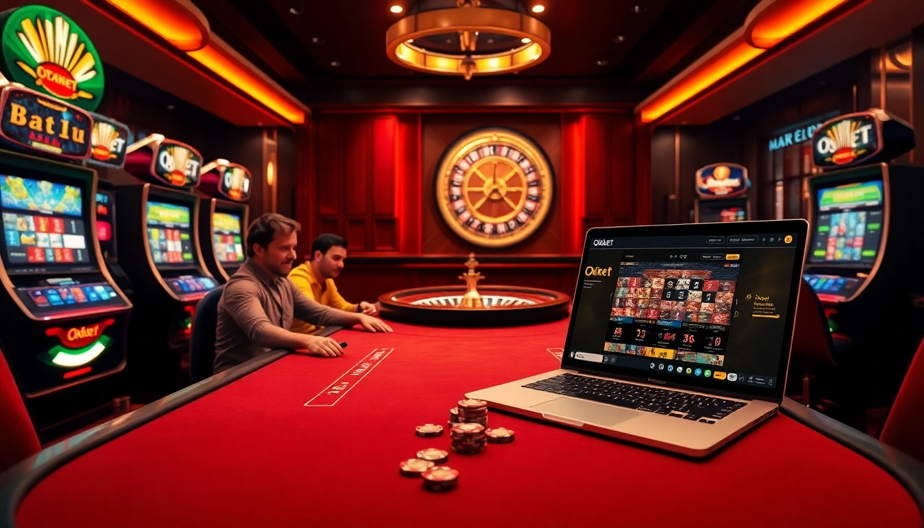 Gamblers enjoying the thrill of Oxbet with poker and slot machines in a vibrant casino scene.