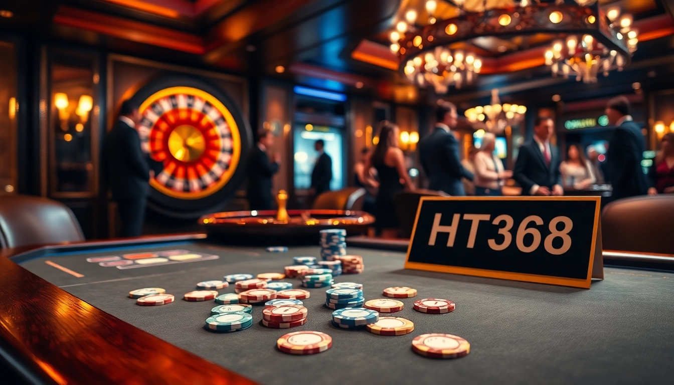 Action-packed poker game at HT368 casino with vibrant lights and luxurious décor.