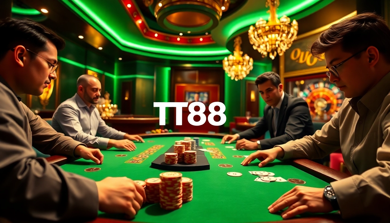 Experience the excitement of TT88 with professional players at a luxurious poker table, showcasing colorful chips and cards.