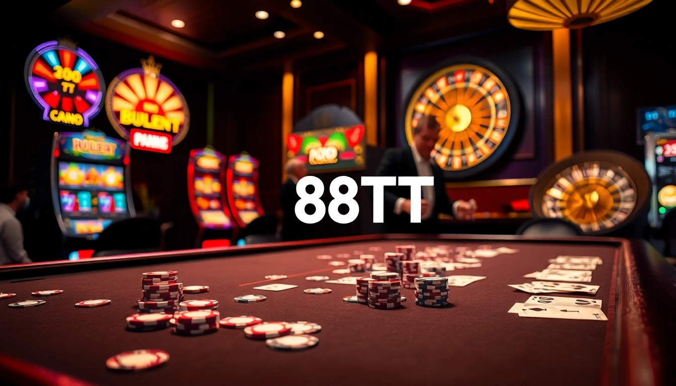 Experience thrilling casino action at 88TT with vibrant slot machines and poker tables.