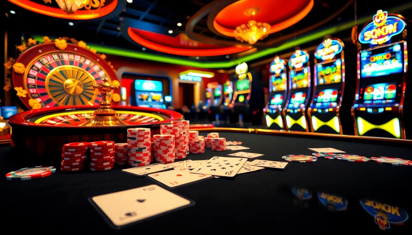 Engaging gambling scene celebrating Khuyến Mãi S8 with vibrant casino elements like roulette, chips, and cards.