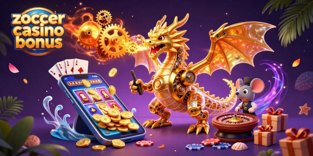 Experience the thrill of Zoccer Casino Bonus with vibrant slot games and gold coins in an engaging scene.